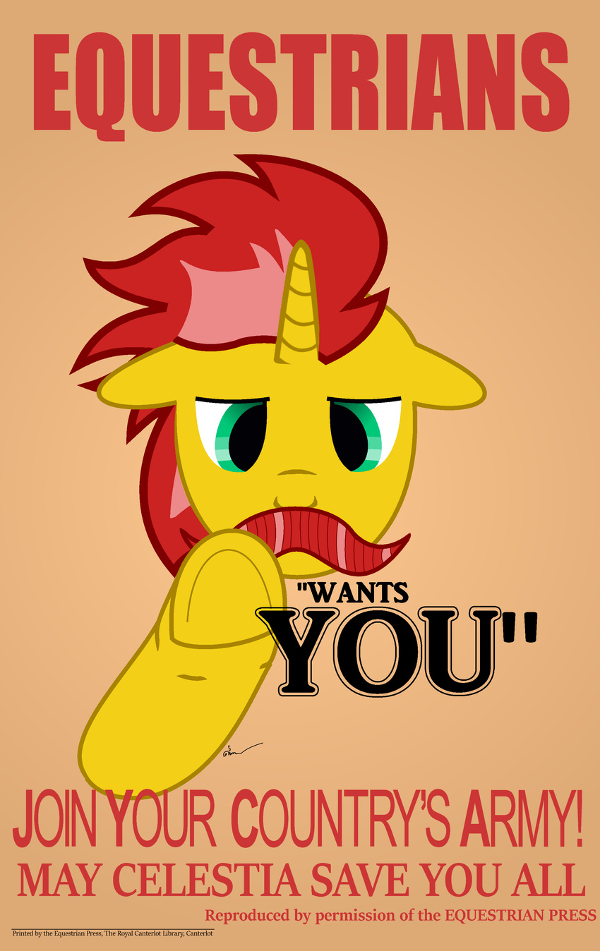 2015 canterlot_library ears_down equine faceinf facial_hair fan_character hair hi_res hooves horn horse mammal multicolored_mane mustache my_little_pony parody pointing pony poster propaganda solo unicorn yellowhorse_(artist)