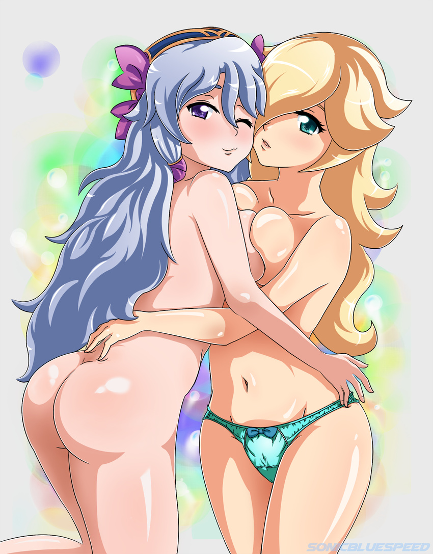 ass atelier_(series) blonde_hair blush breasts crossover gradient gradient_background green_eyes hair_over_one_eye hairband long_hair looking_at_viewer mole multiple_girls navel nude pamela_ibis pamela_ibiss panties purple_eyes pussy rosalina_(mario) rosetta_(mario) silver_hair smile sonicbluespeed standing super_mario_bros. super_mario_galaxy symmetrical_docking topless underwear yuri