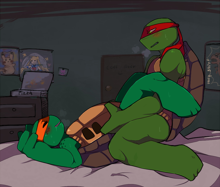 2014 anal anal_penetration bed blush eyes_closed incest lying male male/male michelangelo_(tmnt) nanamii orgasm penetration raphael_(tmnt) sex sweat teenage_mutant_ninja_turtles text