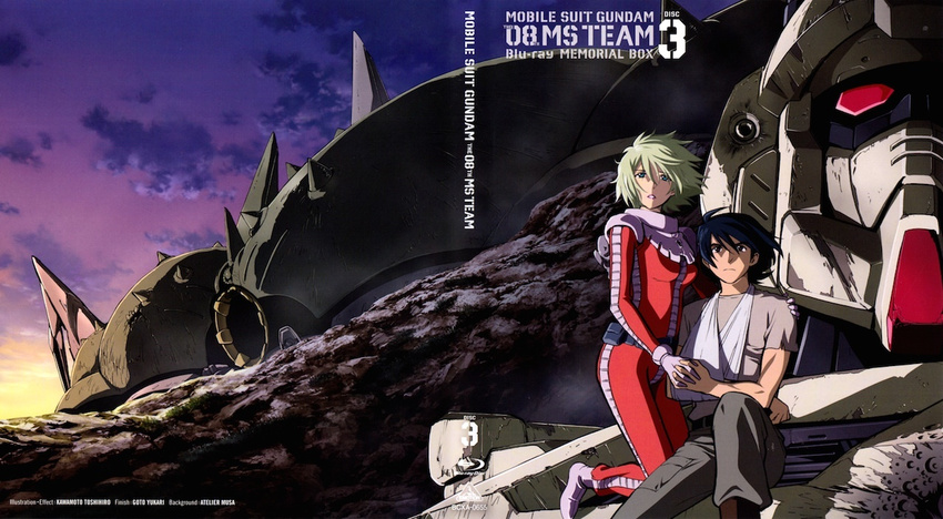 1boy 1girl aina_saharin apsalus artist_name black_hair blue_eyes brown_eyes copyright_name ez-8_gundam green_hair gundam gundam_08th_ms_team kawamoto_toshihiro mecha official_art pilot_suit shiro_amada