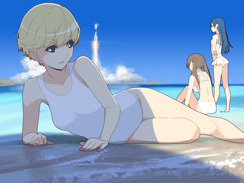 bikini blonde_hair blue_eyes day highres ino kousaka_rino lying mochizuki_nonoka mu_soft multiple_girls one-piece_swimsuit otome_function outdoors rocket_ship sky space_craft swimsuit tatiana_vasilievna_stalina white_bikini white_swimsuit