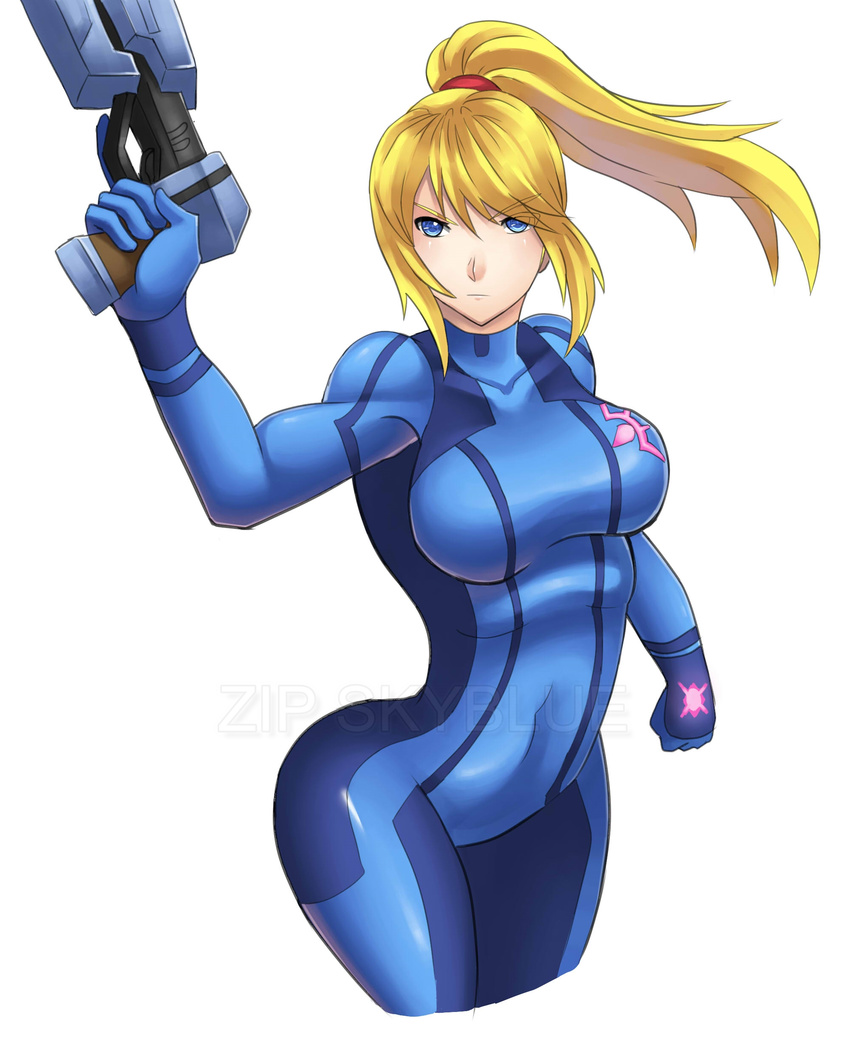 :| absurdres arched_back armpits artist_name bangs blonde_hair blue_bodysuit blue_eyes bodysuit breasts clenched_hand closed_mouth covered_collarbone covered_navel cropped_legs emblem eyebrows_visible_through_hair eyes_visible_through_hair from_side gloves gun hair_tie hand_up handgun high_ponytail highres holding holding_gun holding_weapon large_breasts legs_together long_hair looking_to_the_side metroid metroid:_other_m paralyzer parted_bangs ponytail ryukenden samus_aran serious sidelocks simple_background skin_tight solo standing stun_gun swept_bangs trigger_discipline turtleneck v-shaped_eyebrows watermark weapon white_background zero_suit