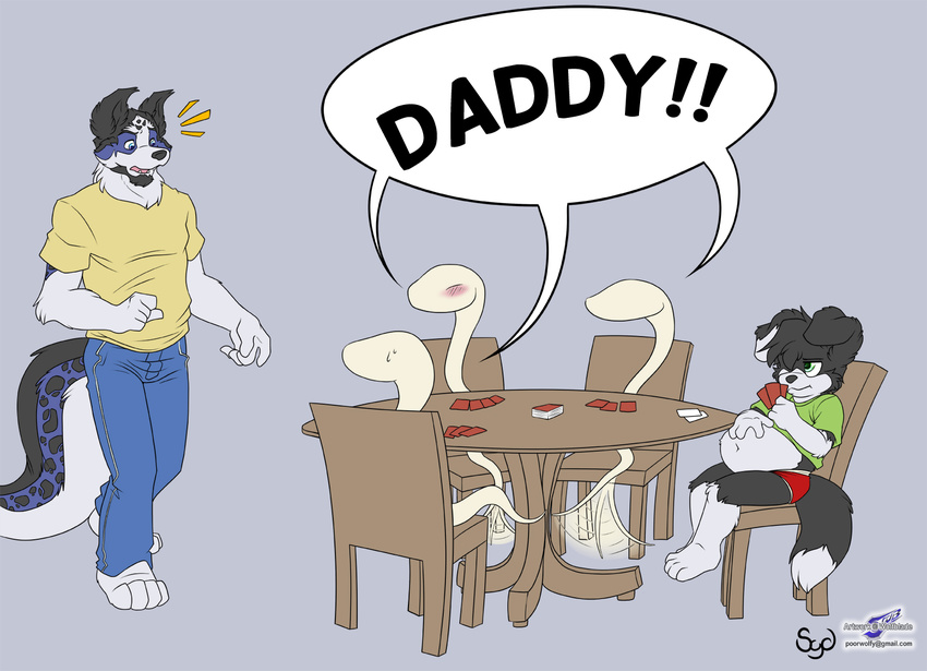 age_difference blush border_collie brother cam_collins canine cards chair clothed clothing collie cub dog english_text jeans male male_pregnancy mammal roni_collins shirt sibling simple_background sperm_cell sydneysnake table tailwag text what wolfblade young