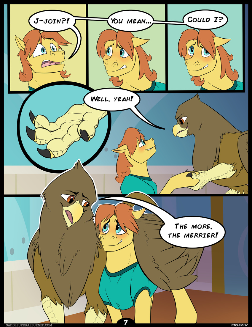 avian beak blue_eyes blush brown_eyes claws clothed clothing comic duo english_text equine etchpony fan_character feathered_wings feathers feral gryphon hair male mammal my_little_pony pegasus red_hair solo text wings