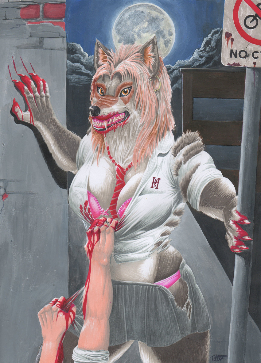 amber_eyes blood bra breasts brick canine claws cleavage clothed clothing cloud death duo dying ear_piercing eddy-white female fur grey_fur human looking_at_viewer male mammal moon necktie night panties piercing red_wolf rust scratches shirt sign skirt torn_clothing transformation underwear were werewolf wolf
