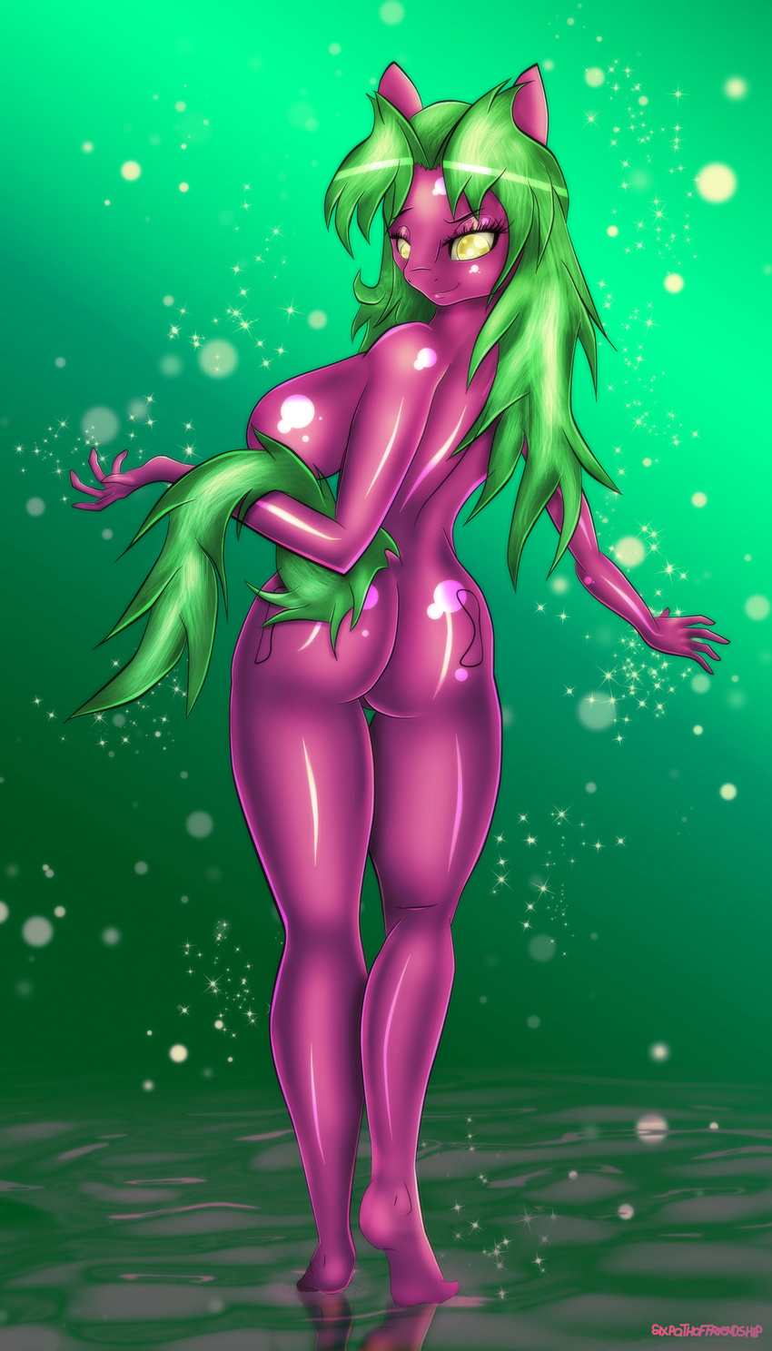 abstract_background absurd_res anthro bedroom_eyes big_breasts breasts cutie_mark digital_media_(artwork) equine erect_nipples fan_character feathers female friendship_is_magic fur green_hair hair half-closed_eyes hand_on_breast hi_res hooves long_hair looking_at_viewer mammal my_little_pony navel nipples pink_fur pussy raised_arm simple_background sixpathoffriendship smile solo standing yellow_eyes