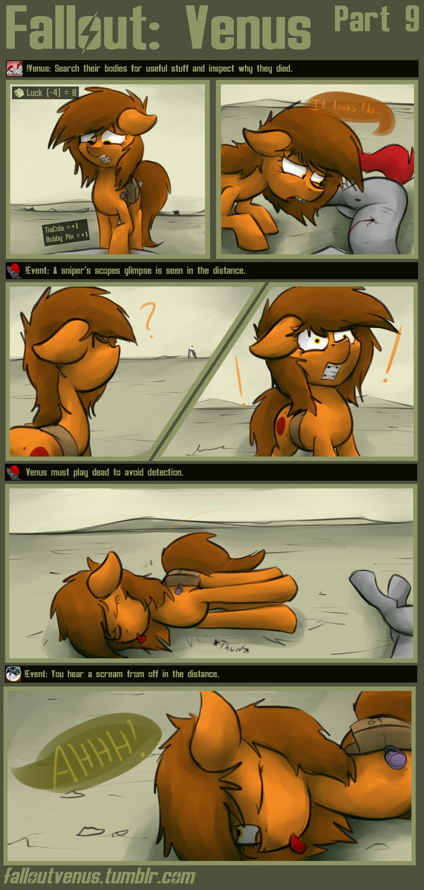 blood bodies comic death dialogue equine fallout fallout_equestria fallout_venus horse loot mammal marsminer my_little_pony playing_dead screaming sniper story venus_spring video_games wasteland