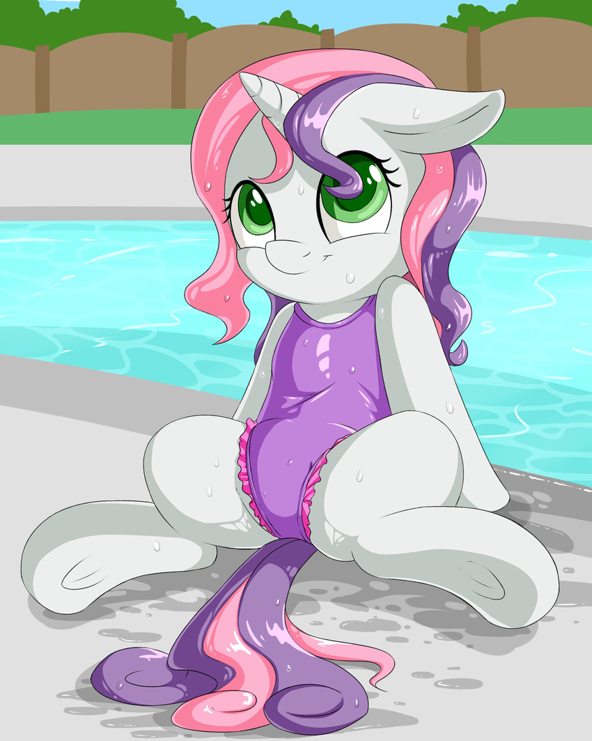 2015 clothing cub dialogue english_text equine fearingfun female feral friendship_is_magic green_eyes hair hi_res horn long_hair mammal multicolored_hair my_little_pony one-piece_swimsuit outside sitting smile solo spread_legs spreading sweetie_belle_(mlp) swimming_pool swimsuit text two_tone_hair unicorn water wet young