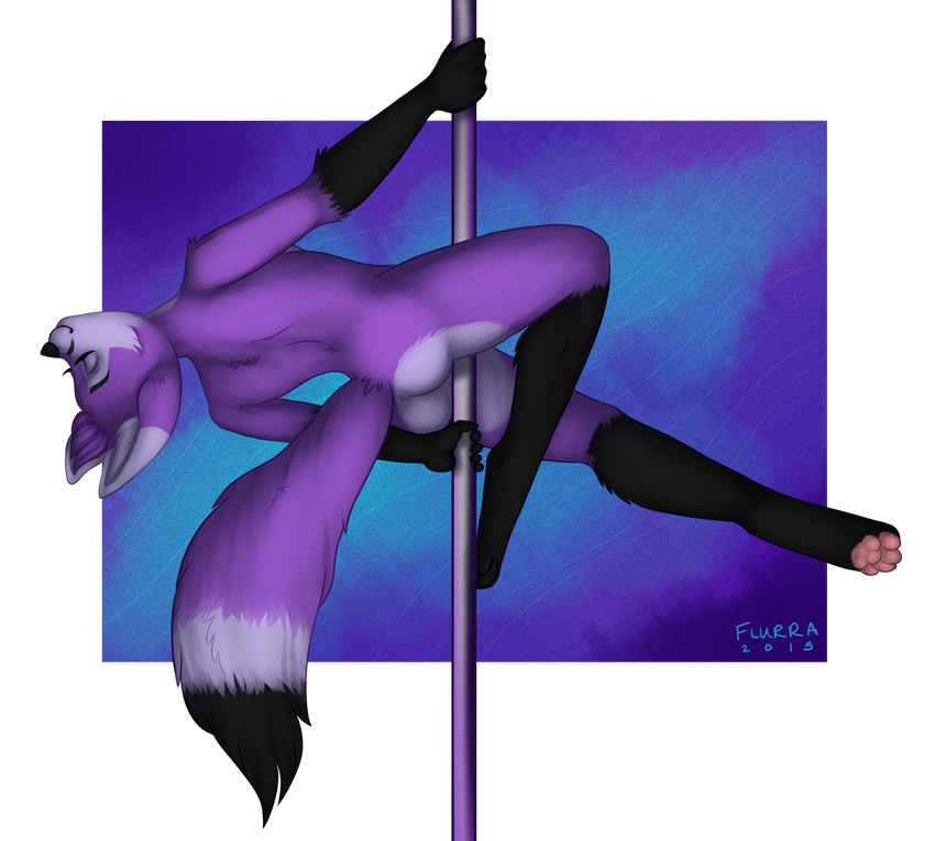 alpha_channel ambiguous_gender black_fur butt canine clothing eyes_closed floopysnow fluffy flurra fox fur grey_fur hindpaw legwear mammal paws pole_dance purple_fur rear_view smile solo