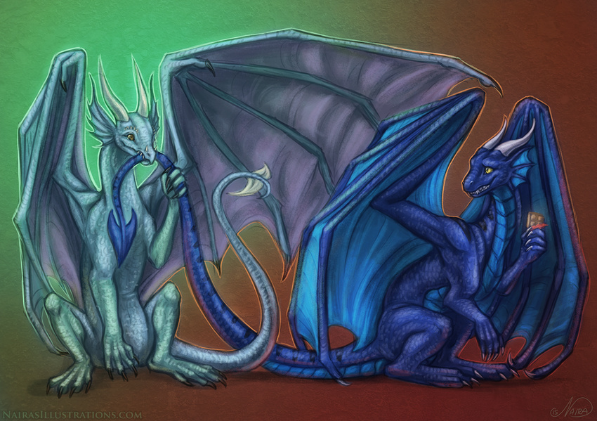 2015 aquatic_dragon blue_scales blue_skin blue_stripes brown_eyes candy chocolate claws cute digital_media_(artwork) dragon duo female feral food frill horn looking_back male membranous_wings naira prehensile_tail scalie smile spread_wings tail_biting teeth wings yellow_eyes