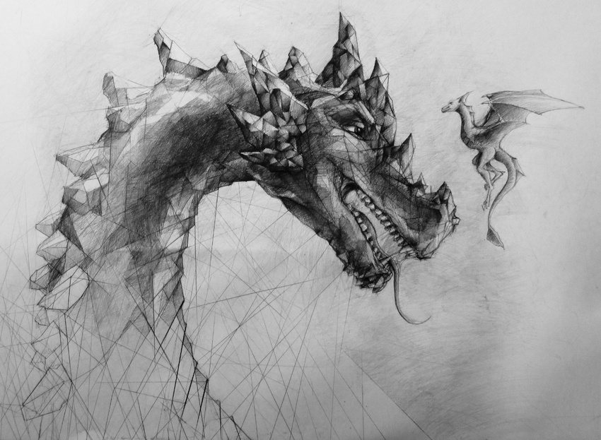 2015 abstract_background ambiguous_gender claws dragon feral flying greyscale monochrome open_mouth pencil pencil_(artwork) scalie simple_background smile teeth tongue traditional_media_(artwork) wings wyvern
