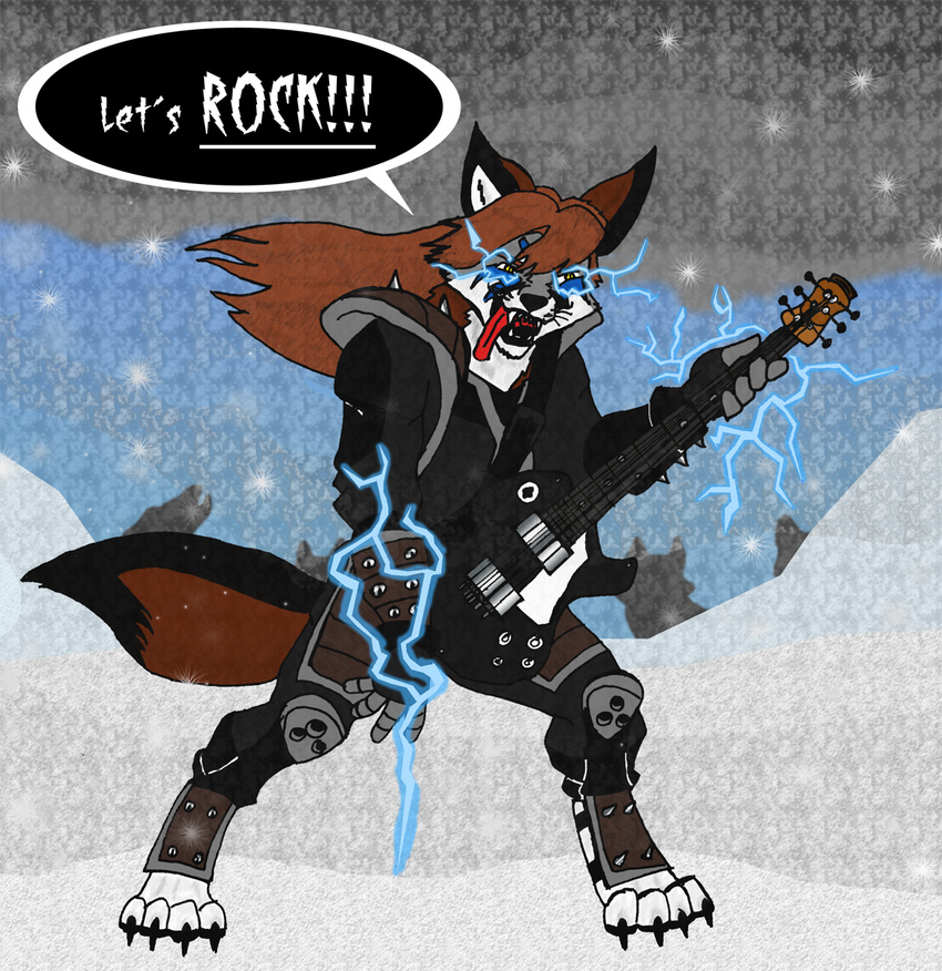 4_toes armor brown_hair canine cloud digitigrade electric_guitar electricity face_paint fox grey_fox guitar hair long_hair male mammal metal musical_instrument open_mouth power_of_rock rock snow solo text toes tongue_hanging_out wrathofautumn yellow_eyes