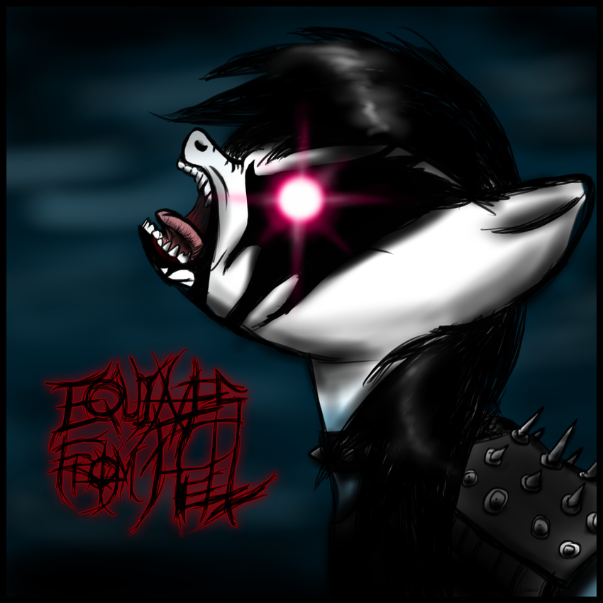 album_cover black_hair black_mane choker clothing collar cover dark_background equine face_paint female feral friendship_is_magic glowing glowing_eyes hair horse leather mammal metal my_little_pony open_mouth pony purple_eyes rainbow_dash_(mlp) rik4100 screaming solo spikes steel text