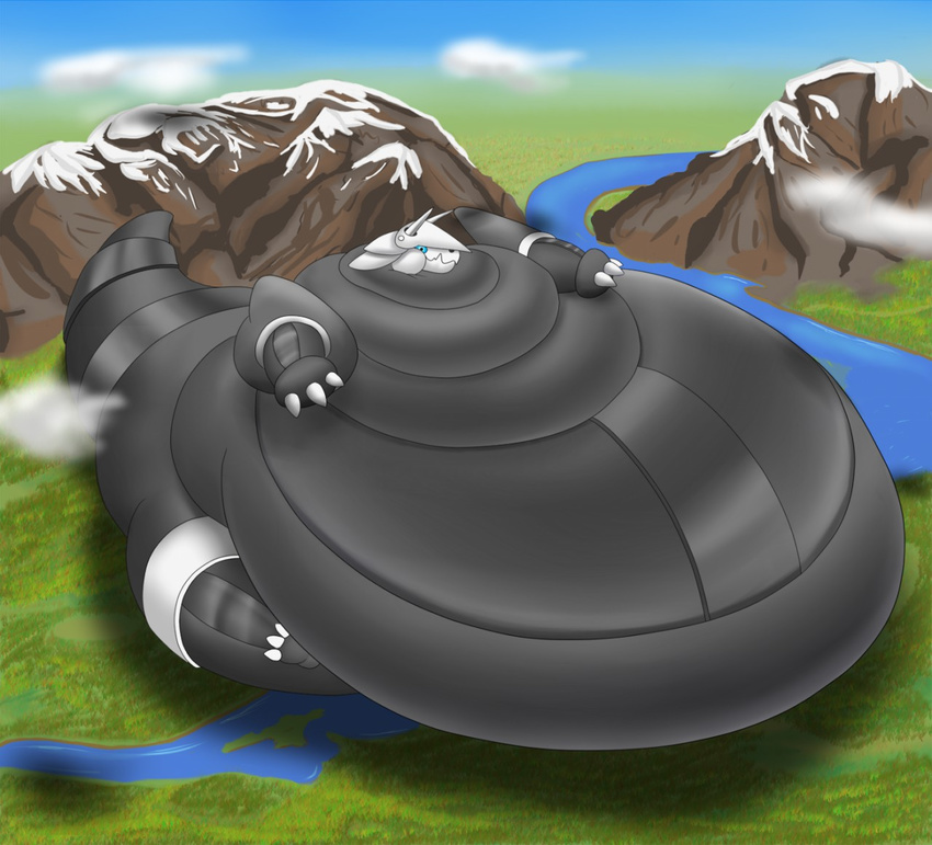 2014 aggron anthro belly big_belly black_skin blue_eyes claws cloud grass grey_skin horn hyper hyper_belly macro morbidly_obese mountain nintendo oregene overweight pok&eacute;mon river size_difference sky solo toe_claws video_games white_skin