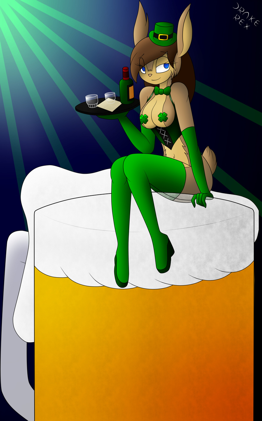 alcohol anthro beer beverage blue_eyes bow_tie breasts brown_fur brown_hair clothed clothing clover drake-rex female food fur gabbslines hair hair_bun half-closed_eyes hare lagomorph long_hair mammal micro pastries pink_nose rabbit sitting skimpy solo st_patrick's_day