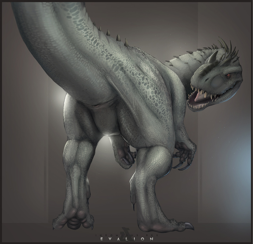 2015 ambiguous_gender animal_genitalia black_claws claws cloaca digital_media_(artwork) dinosaur english_text evalion feral green_body hi_res indominus_rex jurassic_park jurassic_world long_mouth looking_back nude open_mouth presenting raised_tail red_eyes scalie sharp_teeth slit_pupils snout solo spikes standing talons teeth text tongue