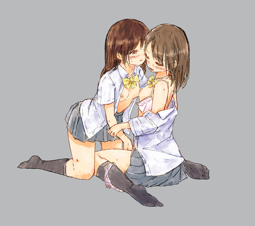 bad_id bad_pixiv_id blush bra breasts brown_eyes brown_hair fingering kneehighs kneeling long_hair multiple_girls nipples open_clothes open_shirt original panties panties_around_one_leg school_uniform shirt sitting skirt small_breasts syou_(endemic_species) underwear wariza yuri