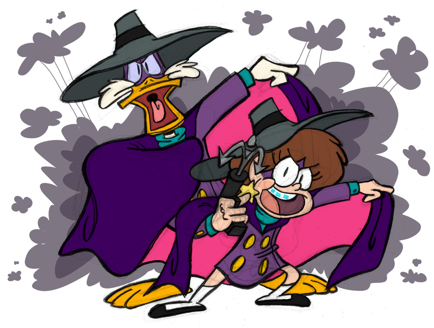 avian bird braces brown_hair cape clothing crossover darkwing_duck drake_mallard duck duo female gravity_falls hair looking_at_viewer mabel male mask