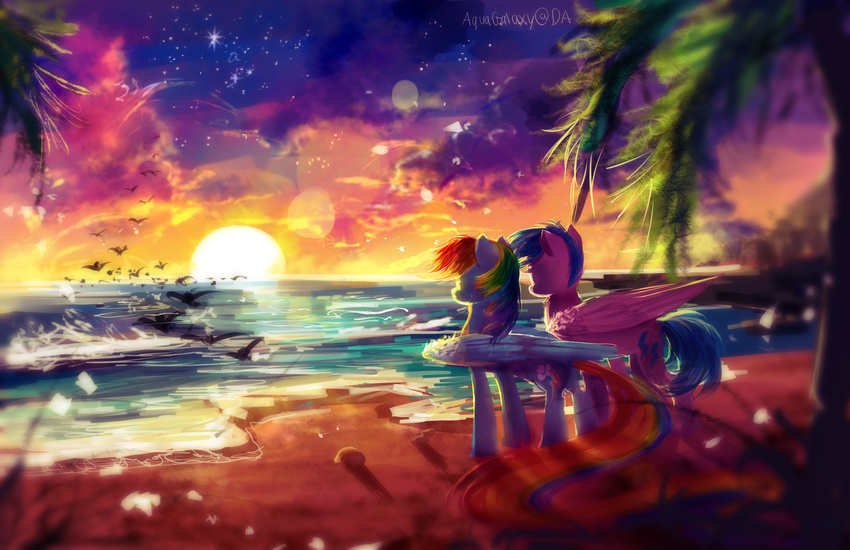 2015 aquagalaxy beach blue_hair cloud cutie_mark equine female firefly_(mlp) friendship_is_magic hair mammal multicolored_hair my_little_pony palm_tree pegasus rainbow_dash_(mlp) rainbow_hair sea seaside sky sparkles star sun sunset tree water wings