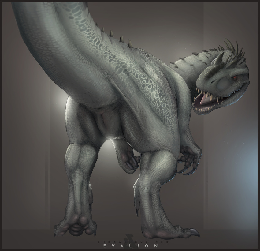 2015 absurd_res anthro anus claws dinosaur english_text evalion female feral hi_res indominus_rex jurassic_park jurassic_world looking_back open_mouth pussy red_eyes scales scalie sharp_teeth spikes talons teeth text