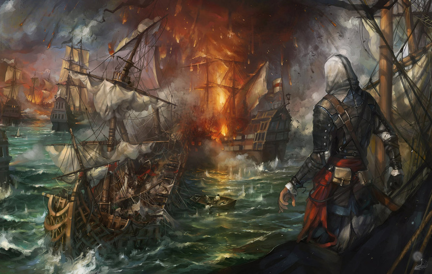 1boy assassin's_creed assassin's_creed_iv:_black_flag assassin's_creed assassin's_creed_(series) assassin's_creed_iv:_black_flag edward_kenway fire flag hood jacket long_hair male_focus ocean pants pirate rope ship solo water