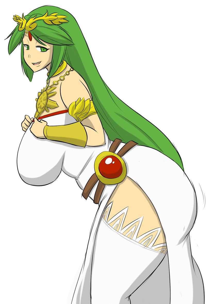 1girl ass green_eyes green_hair kid_icarus looking_at_viewer palutena plump simple_background solo thick_thighs zeon_(pixiv722928)