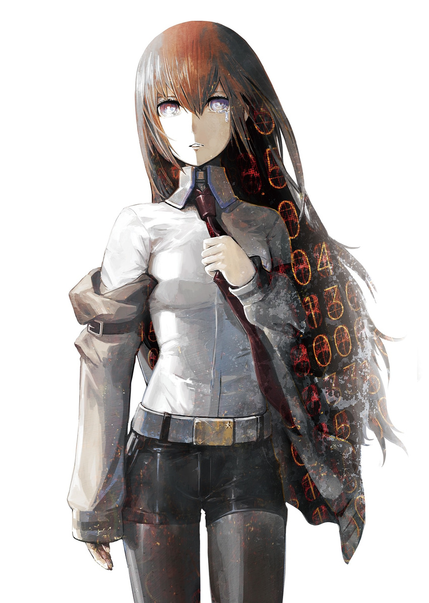 belt black_shorts brown_hair highres huke legwear_under_shorts long_hair makise_kurisu necktie number official_art pantyhose red_neckwear shirt shorts solo steins;gate white_background white_shirt