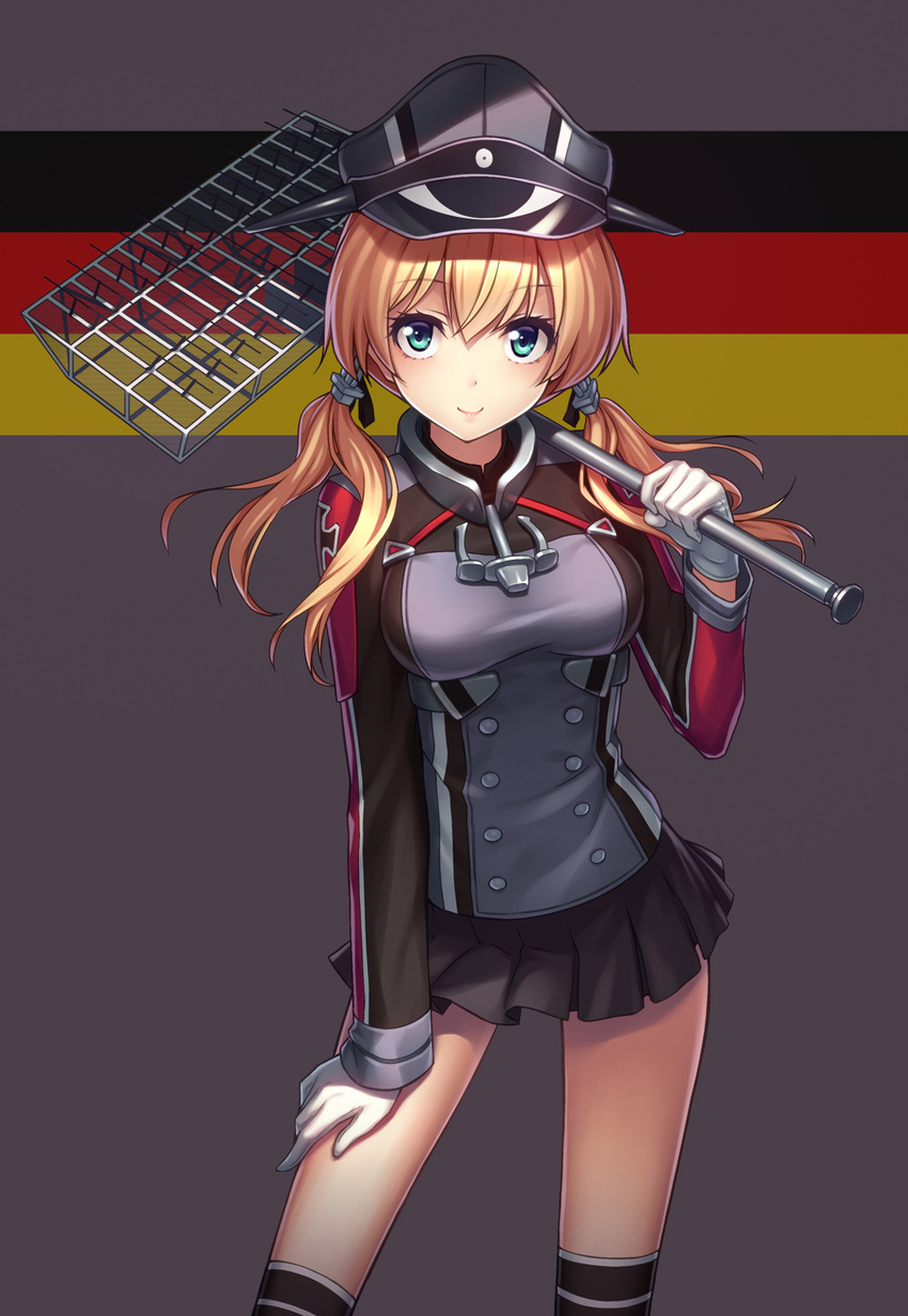 antennae athrun1120 blonde_hair breasts commentary_request flag_background german_flag gloves hair_ornament hat highres kantai_collection long_hair looking_at_viewer medium_breasts military military_uniform peaked_cap prinz_eugen_(kantai_collection) radio_antenna smile solo twintails uniform