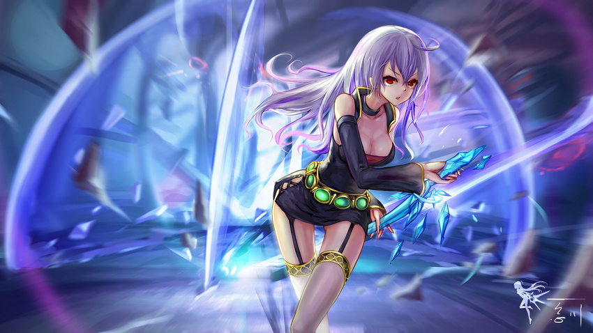 breasts cleavage dungeon_and_fighter female_slayer_(dungeon_and_fighter) long_hair medium_breasts purple_hair red_eyes solo sword sword_master_(dungeon_and_fighter) thighhighs wangchuan_de_quanyan weapon