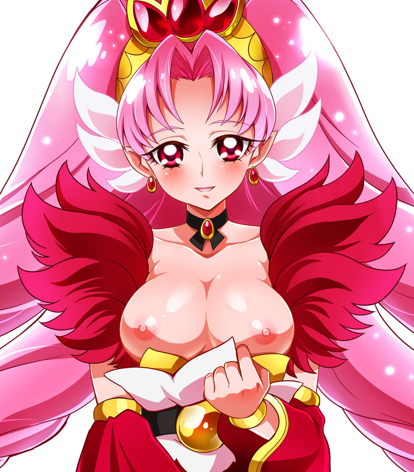 absurdres akagi_towa bad_id bad_pixiv_id breasts choker cure_scarlet earrings go!_princess_precure highres jewelry large_breasts long_hair looking_at_viewer magical_girl nipples pink_eyes pink_hair pointy_ears precure sharumon simple_background smile solo tiara white_background