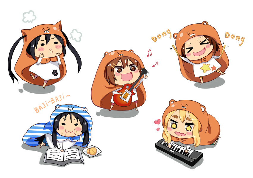 absurdres akiyama_mio animal_hood book chibi drumsticks guitar highres himouto!_umaru-chan hirasawa_yui hood instrument k-on! kami2011 kotobuki_tsumugi multiple_girls nakano_azusa o3o parody style_parody synthesizer tainaka_ritsu wavy_mouth