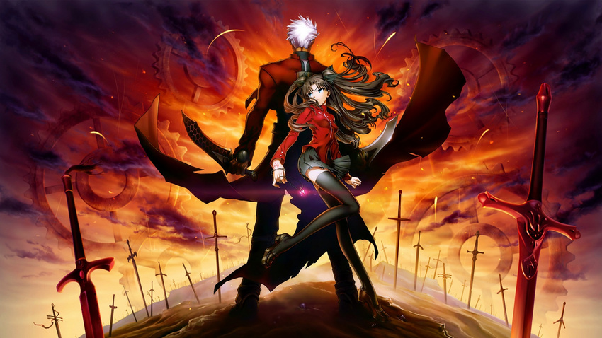 1girl archer blue_eyes brown_hair fate/stay_night fate/unlimited_blade_works fate_(series) gem highres skirt sword thighhighs toosaka_rin unlimited_blade_works weapon white_hair zettai_ryouiki