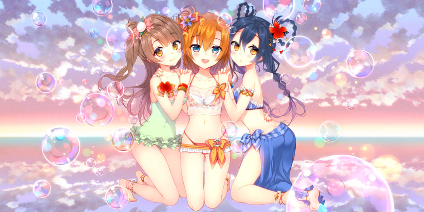 anklet bangle barefoot bikini blue_hair blush bow bracelet braid brown_eyes brown_hair bubble feet girl_sandwich hair_bow hair_rings holding_hands jewelry kneeling kousaka_honoka long_hair looking_at_viewer love_live! love_live!_school_idol_project minami_kotori multiple_girls navel one_side_up open_mouth sandwiched sarong soles sonoda_umi swimsuit toes yadapot yellow_eyes