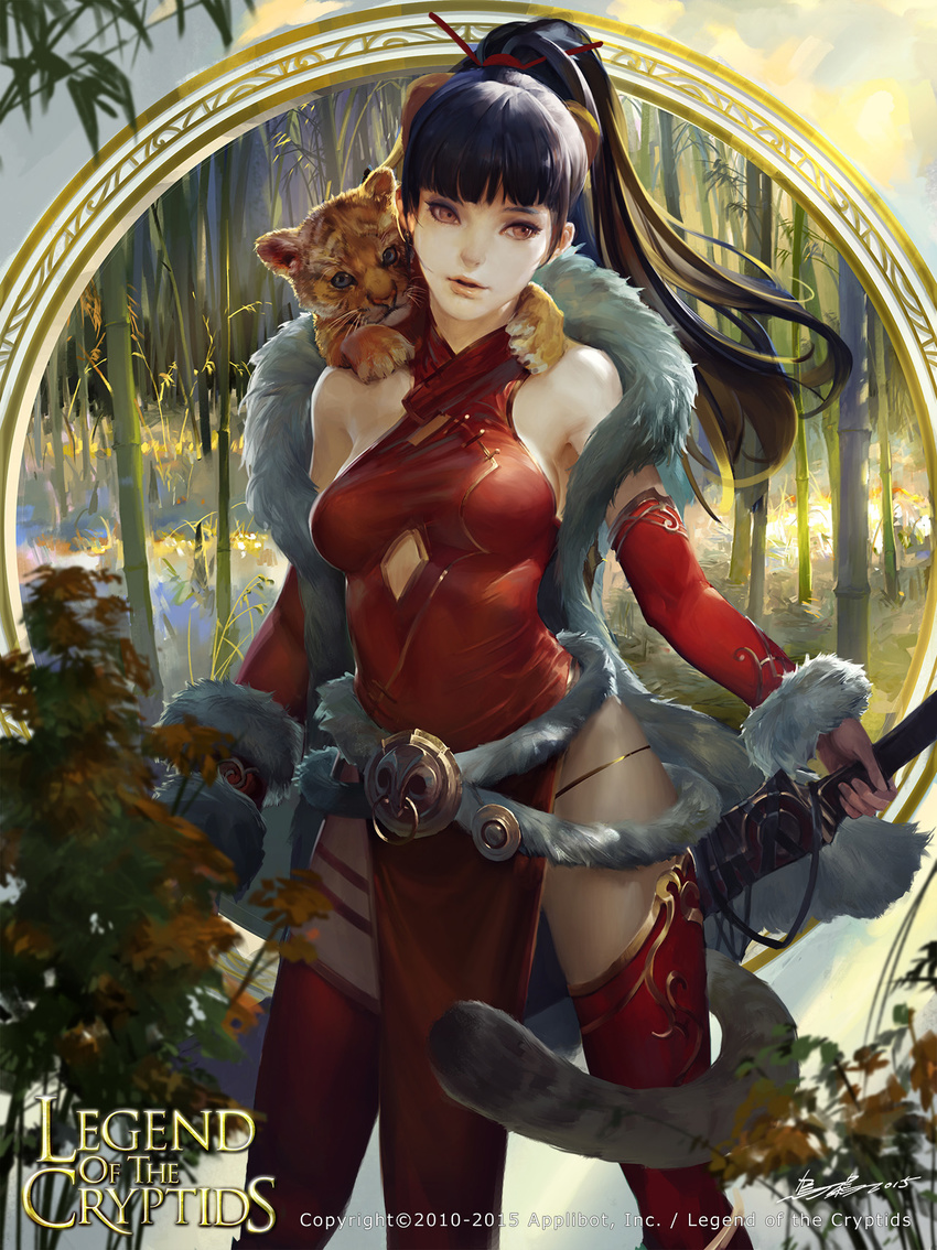 2015 animal animal_on_back bamboo bangs bare_shoulders black_hair blunt_bangs breasts china_dress chinese_clothes cleavage company_name copyright_name crowgod cub dress feather_boa fur_trim hair_ornament hair_stick high_ponytail highres holding holding_sword holding_weapon legend_of_the_cryptids legs_apart lion lion_cub lips long_hair open_mouth parted_lips ponytail red_eyes red_legwear rui_xi side_slit signature small_breasts solo standing sword tail thighhighs watermark weapon