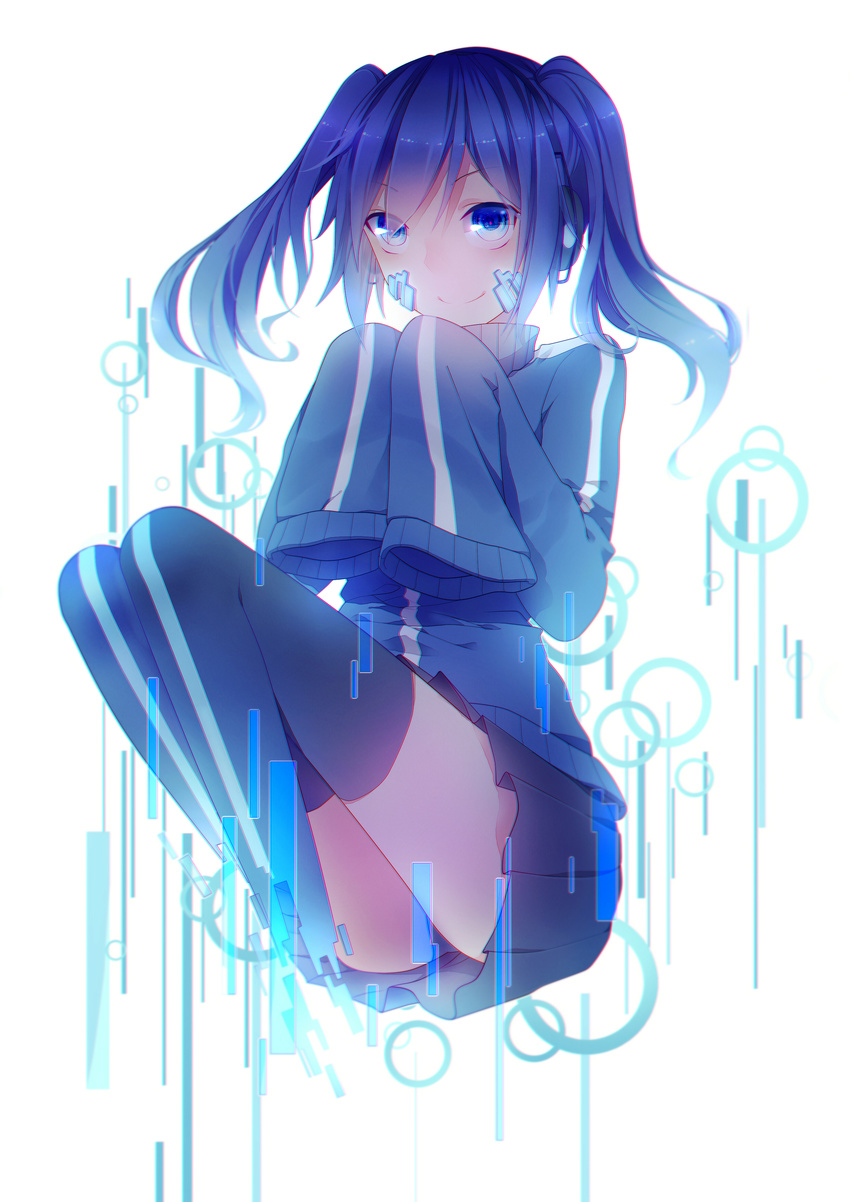 absurdres bad_id bad_pixiv_id blue_eyes blue_hair coaurora ene_(kagerou_project) headphones highres kagerou_project long_hair sleeves_past_wrists smile solo thighhighs twintails