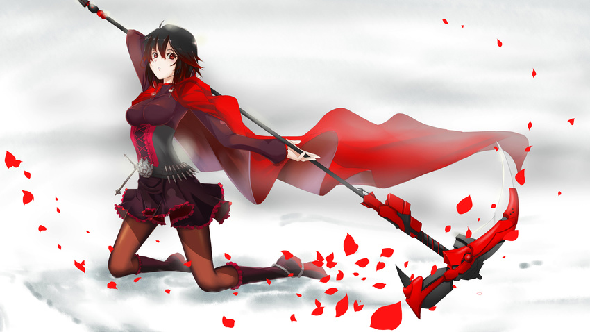 absurdres black_hair cape highres looking_at_viewer pantyhose petals red_eyes rose_petals ruby_rose rwby scythe short_hair solo sushu