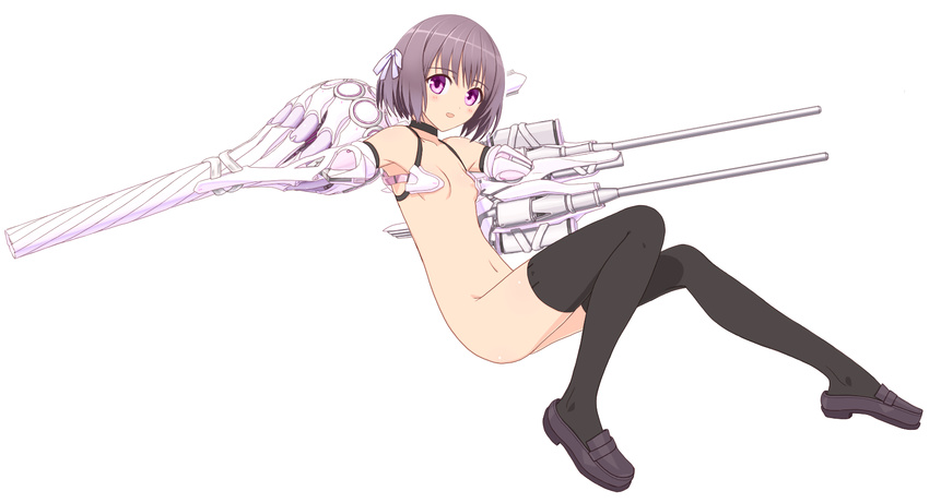 amputee arm_cannon bad_id bad_pixiv_id black_legwear breasts hair_ribbon highres looking_at_viewer mecha_musume namisi nude prosthesis purple_eyes purple_hair ribbon shoes short_hair small_breasts solo thighhighs weapon