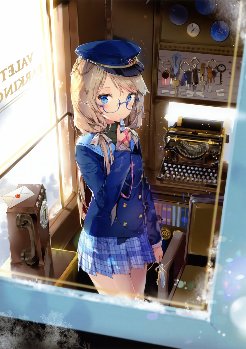 absurdres anmi blonde_hair blue_eyes frost glasses hair_ribbon hat highres jacket key letter long_hair long_sleeves original peaked_cap plaid plaid_skirt pleated_skirt ribbon scan sidelocks skirt solo typewriter whistle window