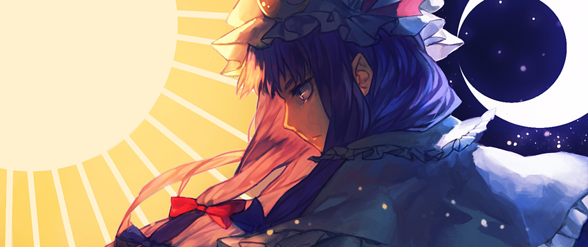 bow capelet crescent crescent_moon dark day_and_night hair_bow hair_ornament hat long_hair mister_rhino_(wangzisama1001) mob_cap moon patchouli_knowledge profile purple_hair solo star_(sky) touhou upper_body