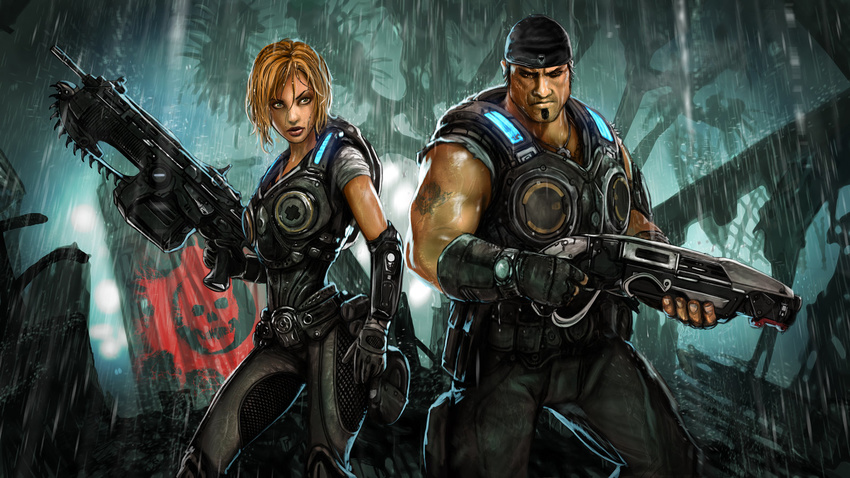 1boy 1girl anya_stroud armor bandanna blonde_hair gears_of_war gun highres manly marcus_fenix muscle rain tattoo weapon