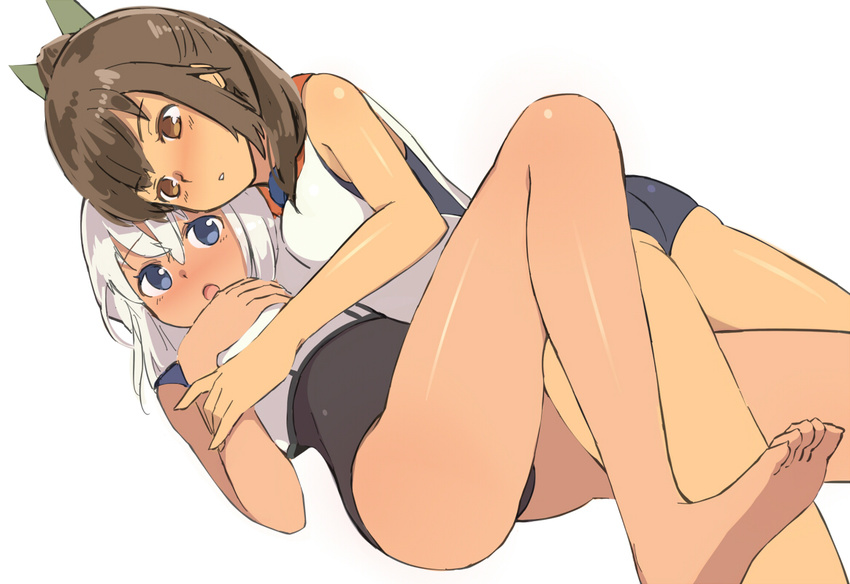 bare_shoulders barefoot blue_eyes blush brown_eyes brown_hair crop_top hug i-401_(kantai_collection) kantai_collection kibanda_gohan long_hair lying lying_on_person multiple_girls on_back on_stomach one-piece_swimsuit open_mouth ponytail ro-500_(kantai_collection) sailor_collar school_swimsuit school_uniform serafuku short_ponytail silver_hair swimsuit swimsuit_under_clothes tan tanline