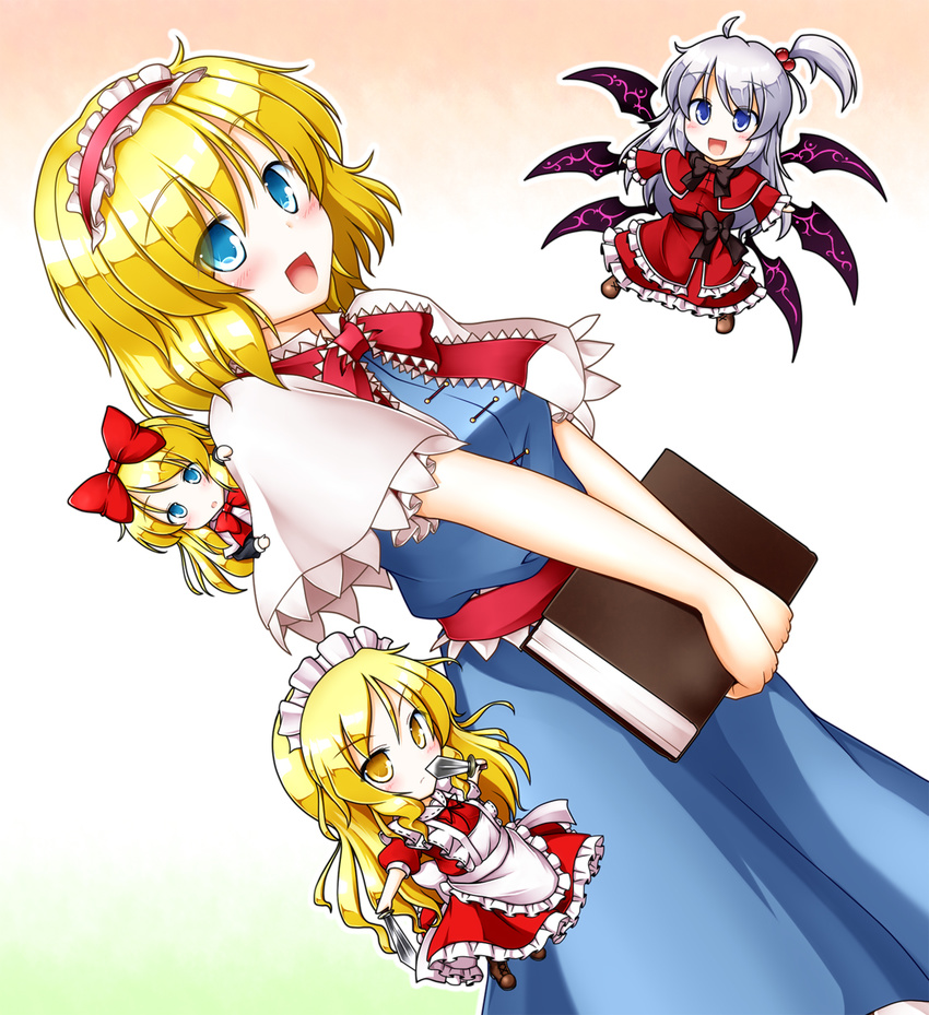 aka_tawashi alice_margatroid apron blonde_hair blue_dress blue_eyes blush book bow capelet dagger dress dutch_angle gradient gradient_background hair_bobbles hair_bow hair_ornament hairband highres layered_dress long_hair long_sleeves looking_at_viewer maid_headdress minigirl multiple_girls multiple_wings open_mouth puffy_sleeves red_dress ribbon sash shanghai_doll shinki short_hair short_sleeves side_ponytail silver_hair smile touhou touhou_(pc-98) weapon wide_sleeves wings yellow_eyes yumeko
