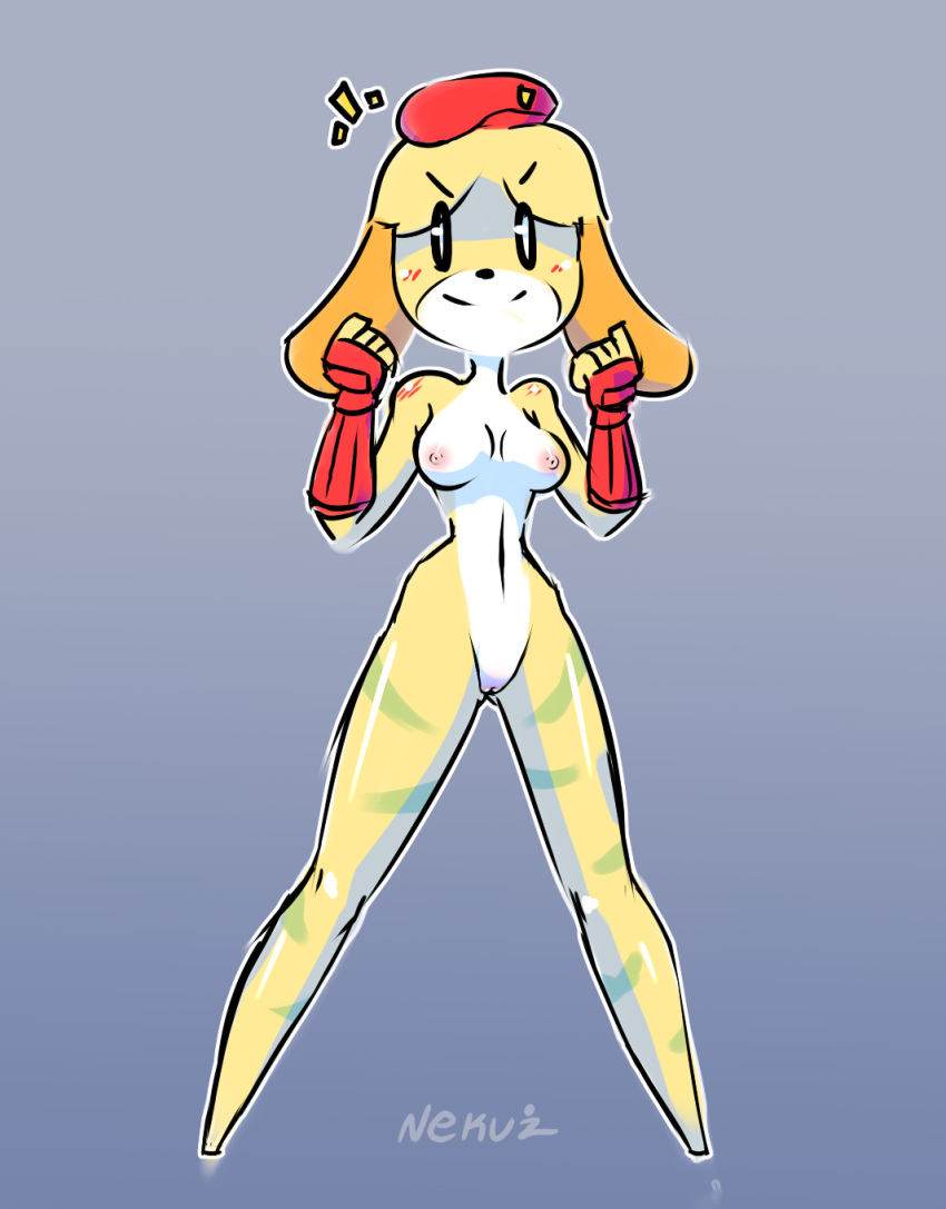 animal_crossing cammy_white canine capcom cosplay crossover dog female grey_background isabelle_(animal_crossing) mammal nekuzx nintendo nude simple_background street_fighter video_games