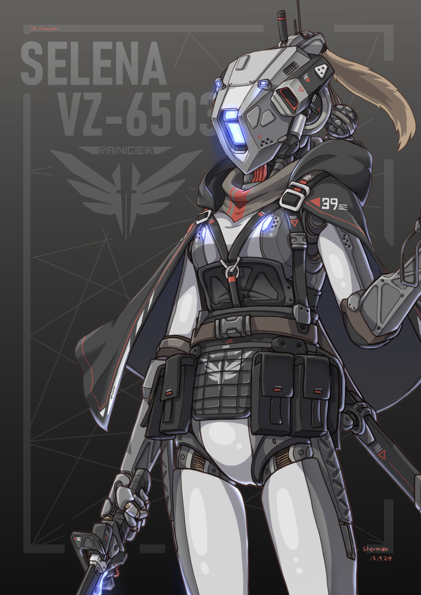 1other absurdres android cape chinese_commentary commentary_request highres holding holding_sword holding_weapon load_bearing_equipment no_humans original ponytail scabbard science_fiction sheath sherman_(egnk2525) sword weapon