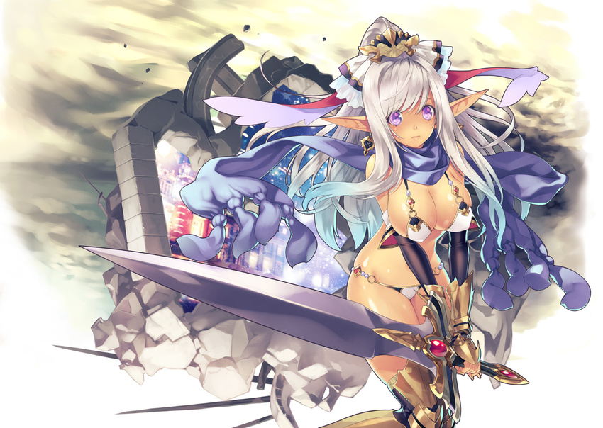 armor bikini bikini_armor black_gloves bow breasts cleavage dark_skin earrings elbow_gloves fingerless_gloves gloves greaves hair_bow hair_ornament high_ponytail hirano_katsuyuki jewelry large_breasts long_pointy_ears looking_at_viewer o-ring o-ring_bikini original pointy_ears ponytail purple_eyes scarf silver_hair solo swimsuit sword thighhighs vambraces weapon white_bikini