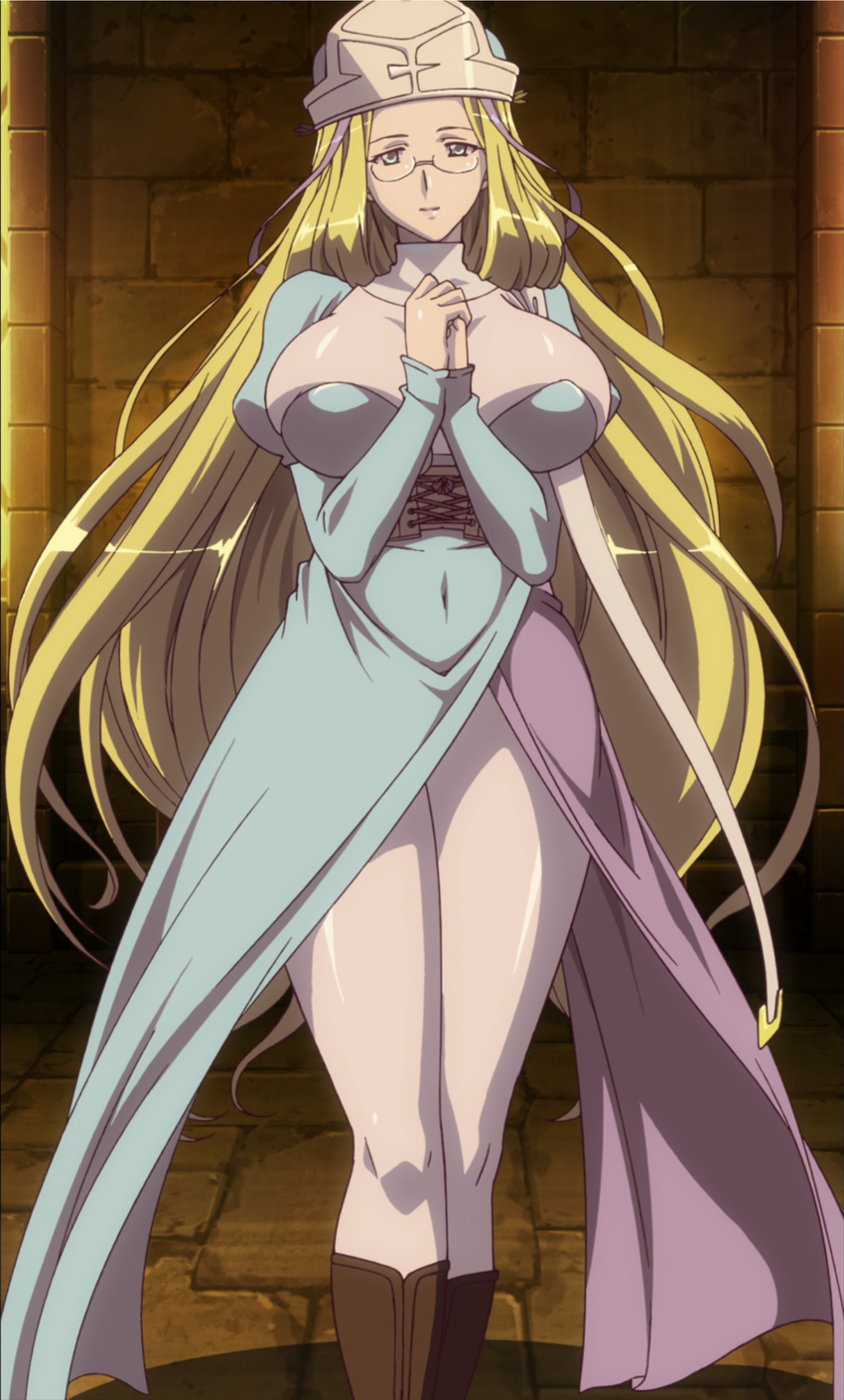 1girl blonde_hair blue_eyes breasts glasses highres huge_breasts long_hair melpha queen's_blade queen's_blade solo standing stitched very_long_hair