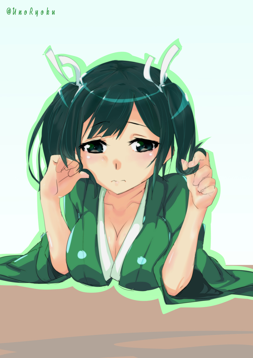 3: breast_rest breast_squeeze breasts cleavage collarbone commentary_request green_background green_eyes green_hair hair_ribbon hair_tousle highres japanese_clothes kantai_collection large_breasts looking_at_viewer outline ribbon short_twintails simple_background solo souryuu_(kantai_collection) table twintails twitter_username uno_ryoku upper_body