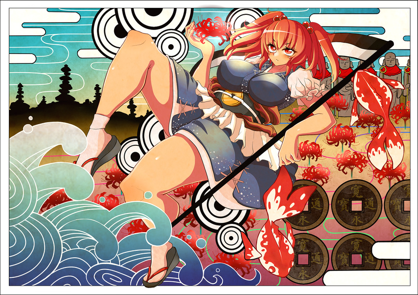 blue_dress blue_sky border breasts coin covered_nipples dress egasumi expressionless fish flower hand_up large_breasts leg_up legs light looking_up md5_mismatch obi onozuka_komachi polearm puffy_short_sleeves puffy_sleeves red_eyes red_hair sash scythe shiny shiny_hair short_dress short_sleeves silhouette sky socks solo spider_lily statue t_a_k_e tabi thick_thighs thighs touhou two_side_up waves weapon
