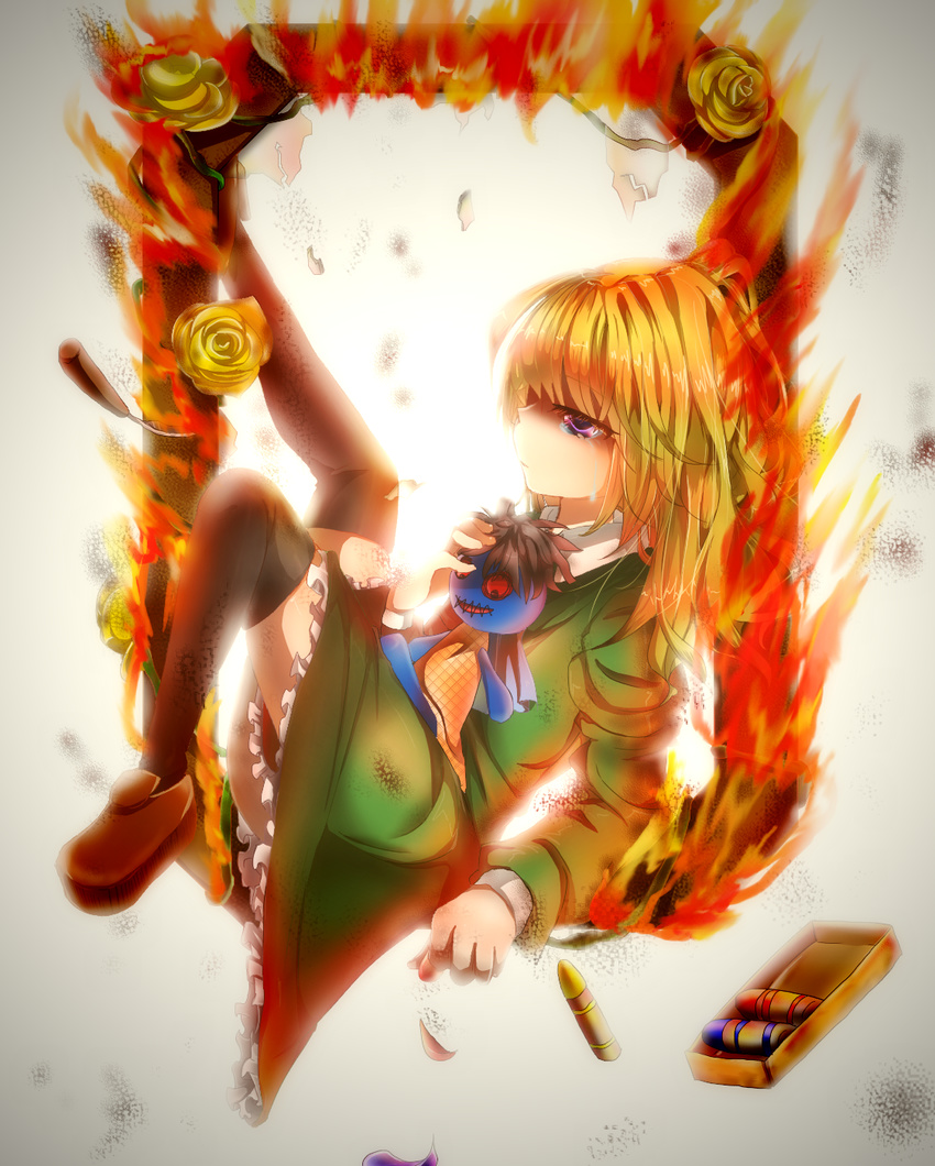 arm_support blonde_hair burning crayon doll doll_(ib) dress fire flower full_body highres ib looking_afar mary_(ib) palette_knife petals portrait_(object) purple_eyes rose runoan sad solo spoilers tears thighhighs yellow_flower yellow_rose zettai_ryouiki