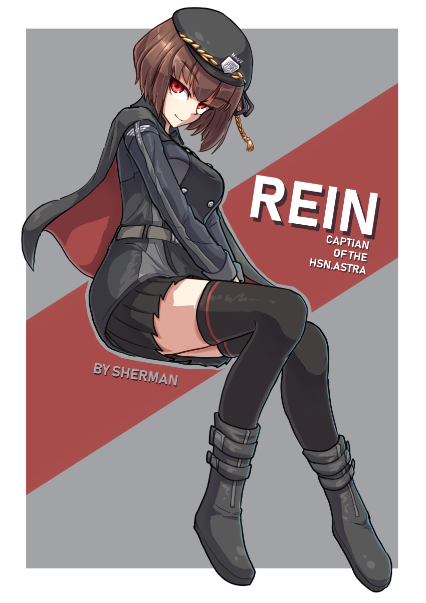 1girl absurdres asymmetrical_hair beret black_legwear bob_cut boots brown_hair cape chinese_commentary commentary_request english_text hat highres invisible_chair original pleated_skirt red_eyes sherman_(egnk2525) sitting skirt solo thighhighs zettai_ryouiki